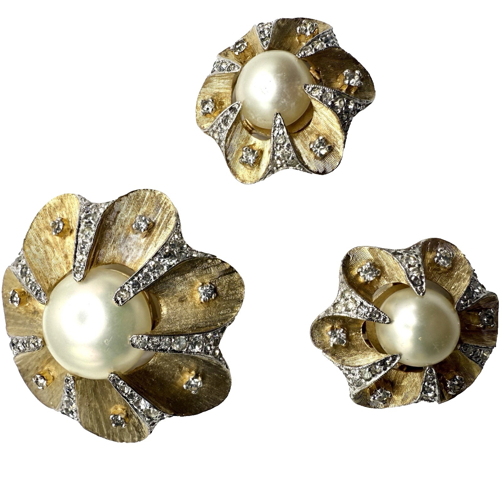 Rare Vintage Jomaz Brooch Earrings Set Gold Tone Crystal Faux Pearl Floral Clip